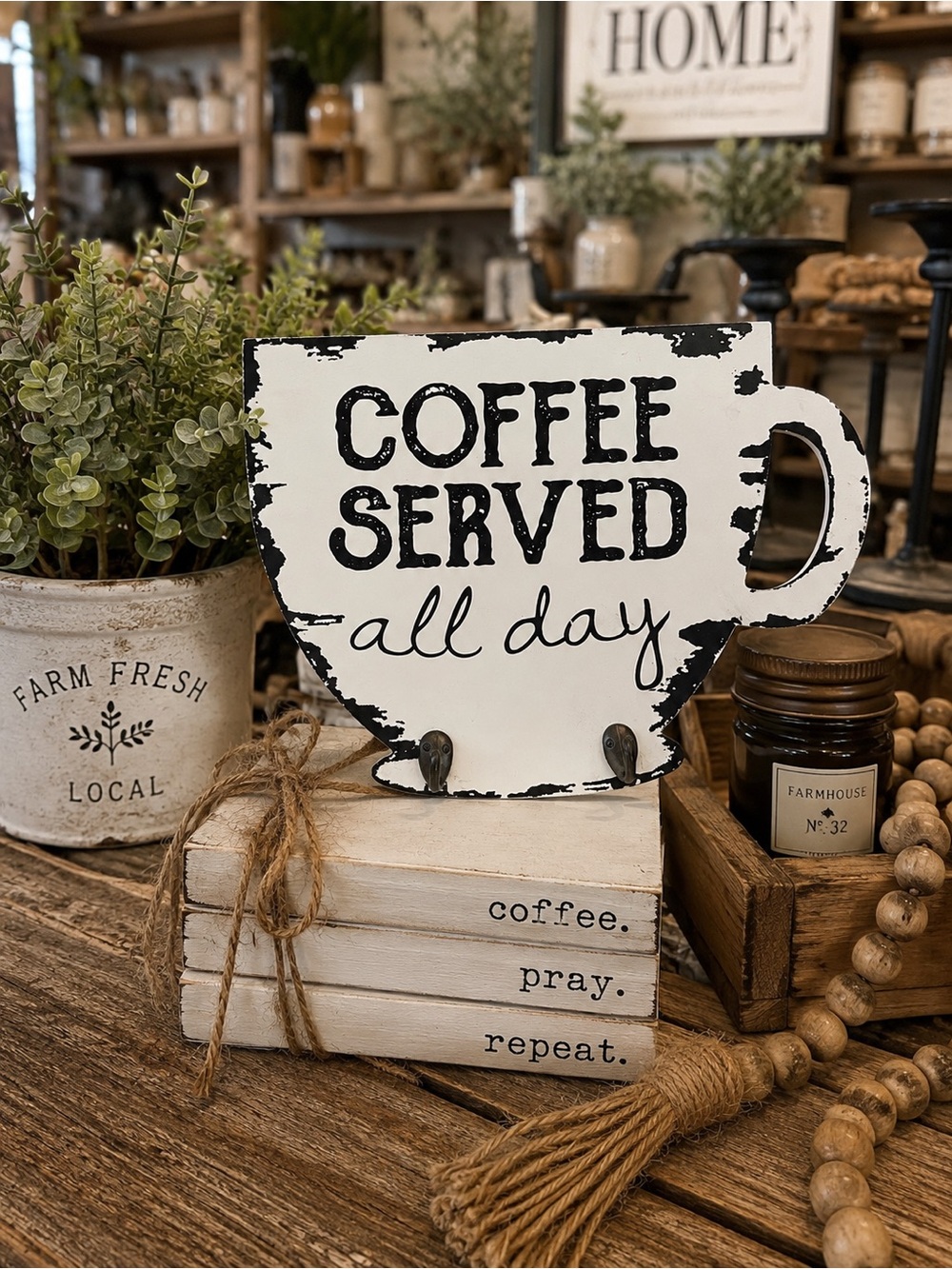 Creative Co-Op White Coffee Served All Day Wall Hook Sign